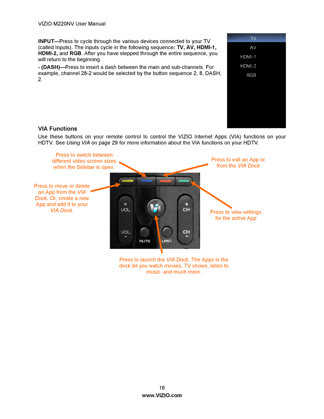 Vizio M220NV manual VIA Functions 