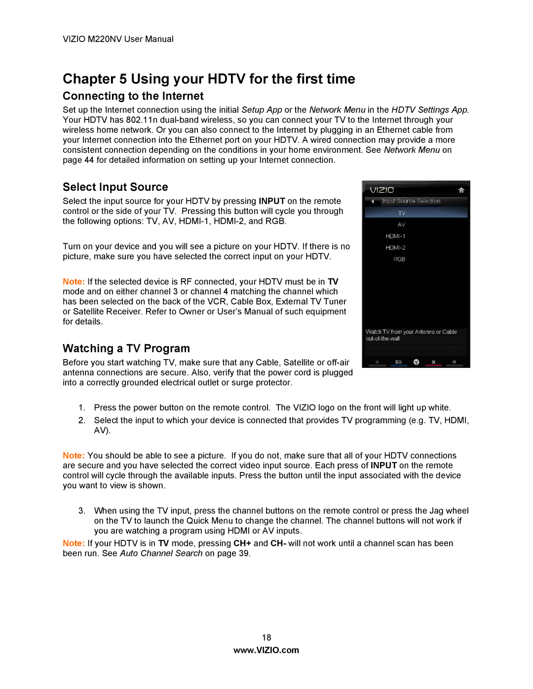 Vizio M220NV manual Connecting to the Internet, Select Input Source, Watching a TV Program 