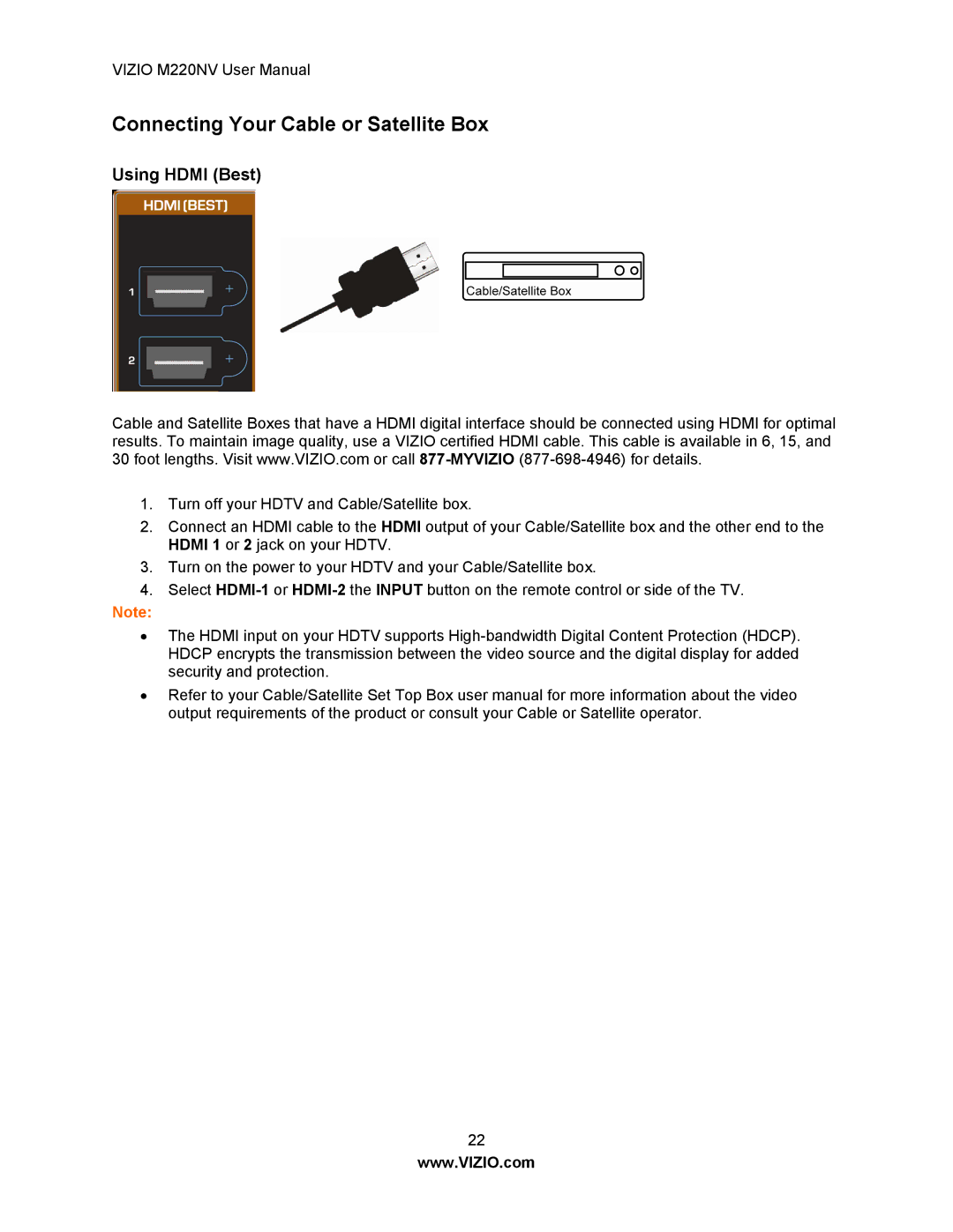 Vizio M220NV manual Connecting Your Cable or Satellite Box, Using Hdmi Best 