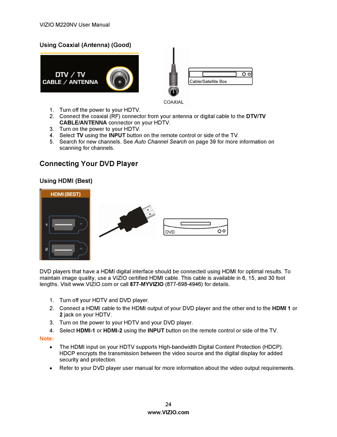 Vizio M220NV manual Connecting Your DVD Player, Using Coaxial Antenna Good 