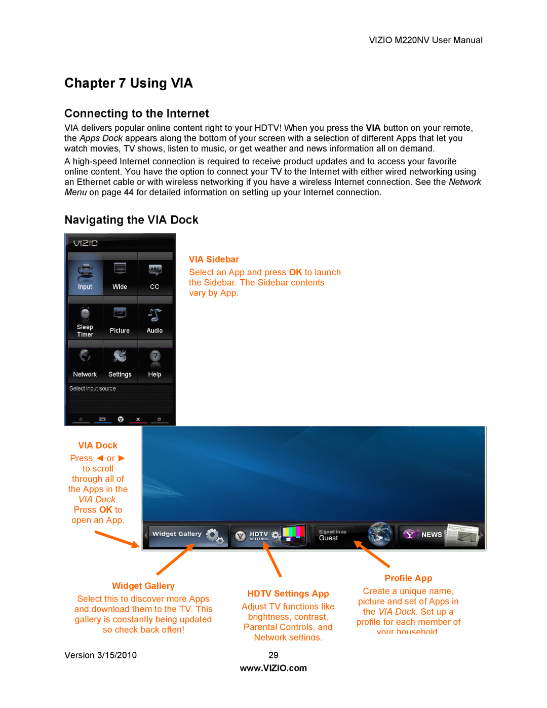 Vizio M220NV manual Using VIA, Navigating the VIA Dock 