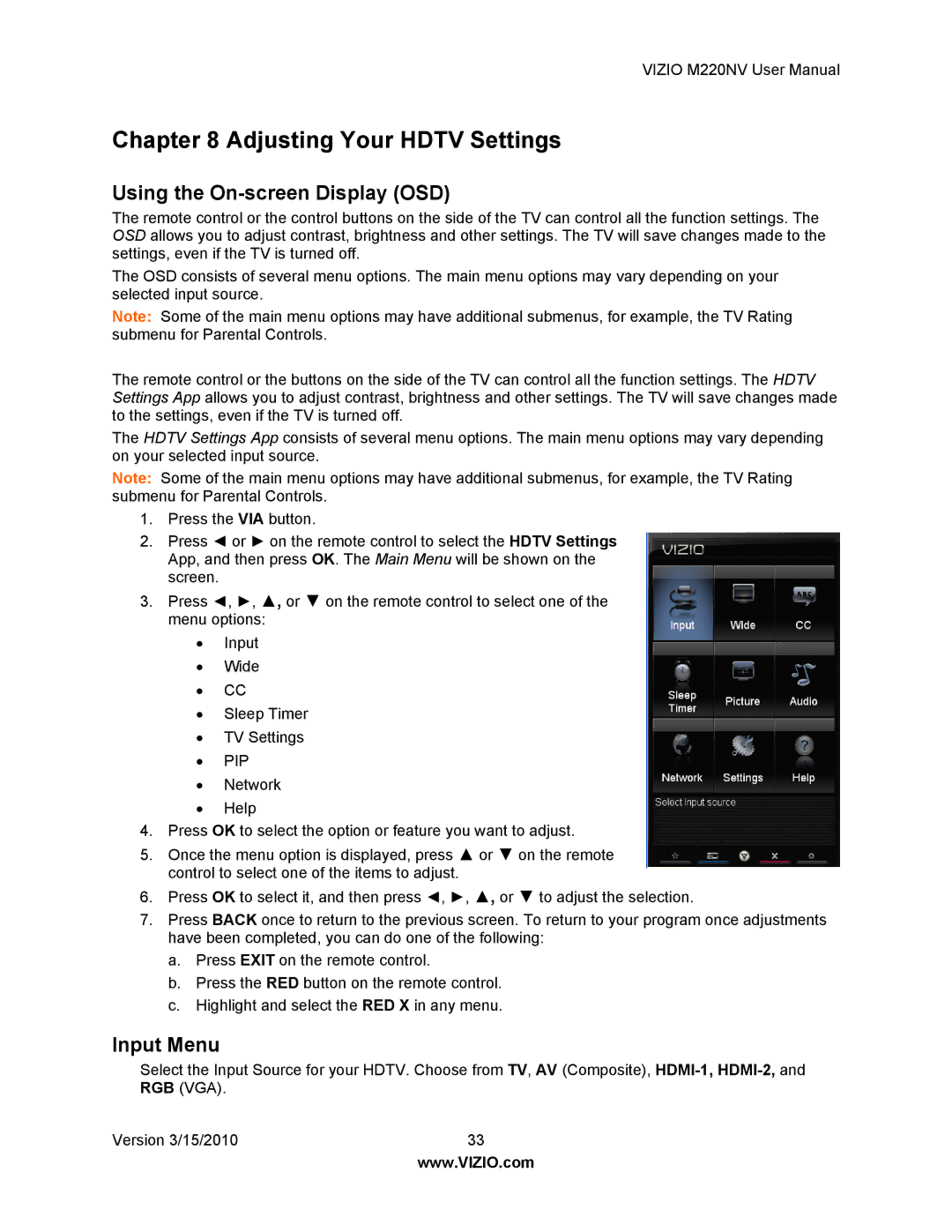 Vizio M220NV manual Using the On-screen Display OSD, Input Menu 