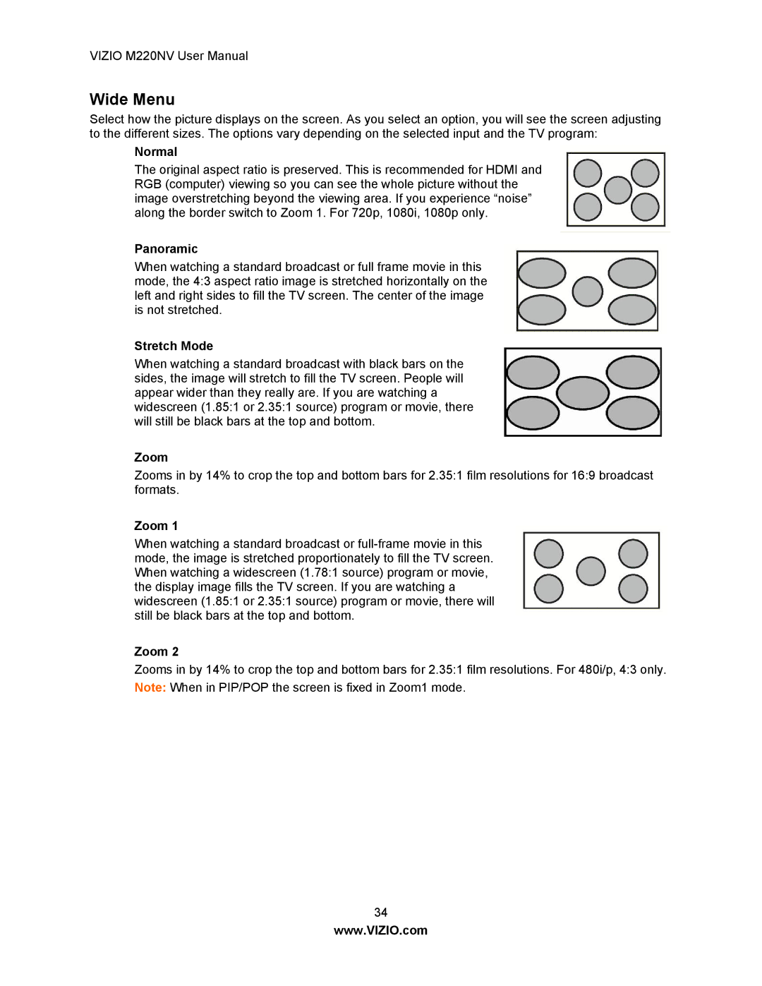 Vizio M220NV manual Wide Menu, Normal, Panoramic, Stretch Mode, Zoom 