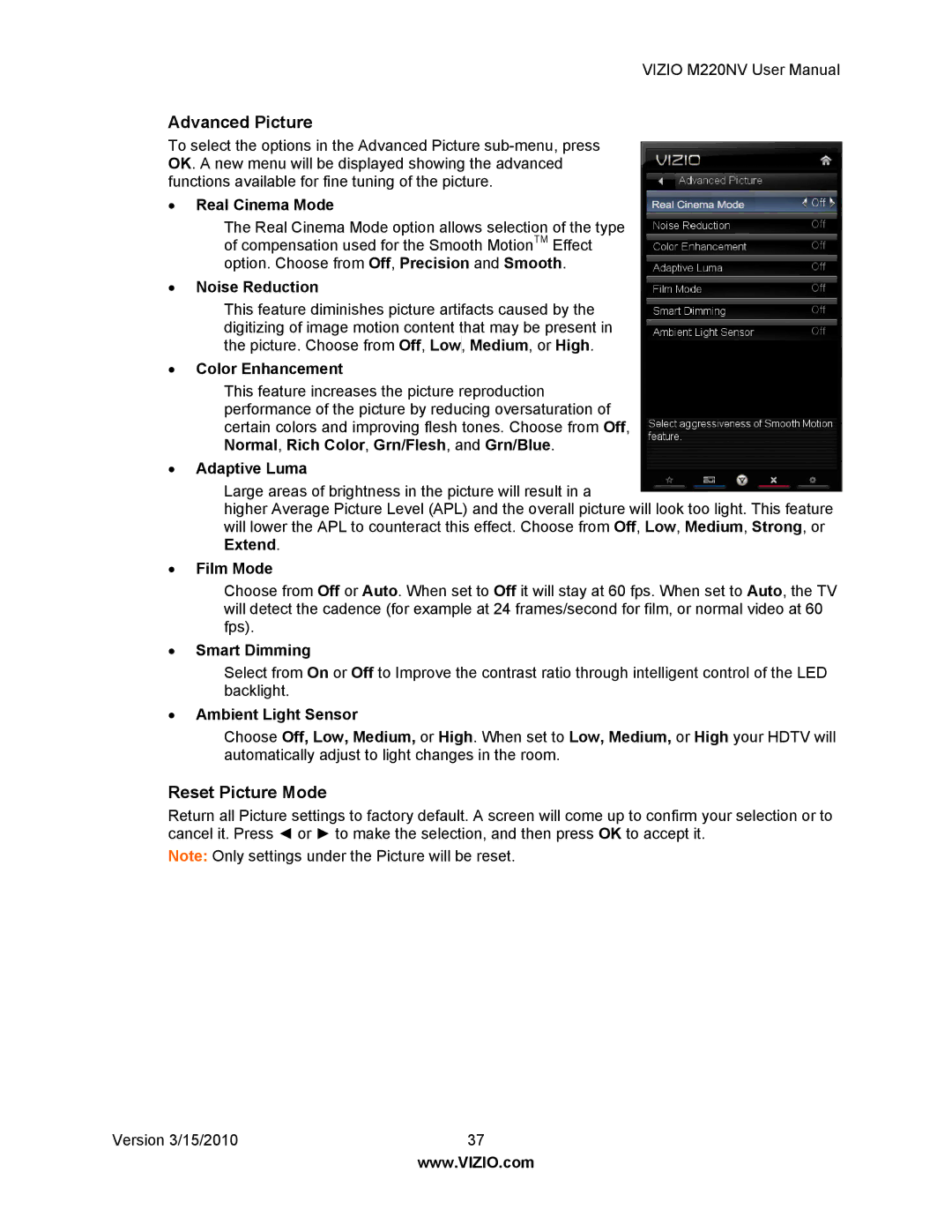Vizio M220NV manual Advanced Picture, Reset Picture Mode 