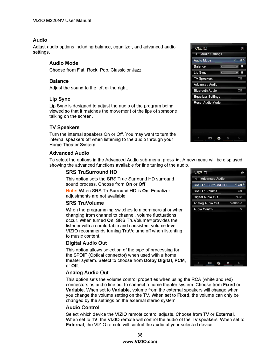 Vizio M220NV manual Audio Mode, Balance, Lip Sync, TV Speakers, Advanced Audio, SRS TruSurround HD, SRS TruVolume 