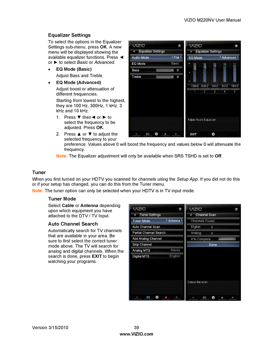 Vizio M220NV manual Equalizer Settings, Tuner Mode, Auto Channel Search 