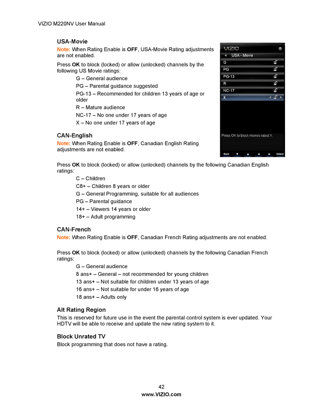 Vizio M220NV manual USA-Movie, CAN-English, CAN-French, Alt Rating Region, Block Unrated TV 