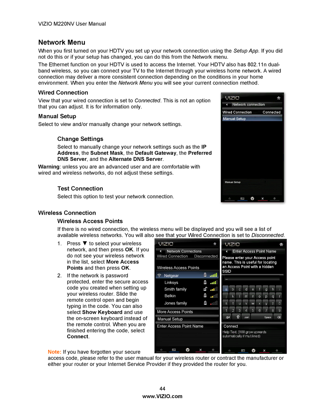 Vizio M220NV manual Network Menu 