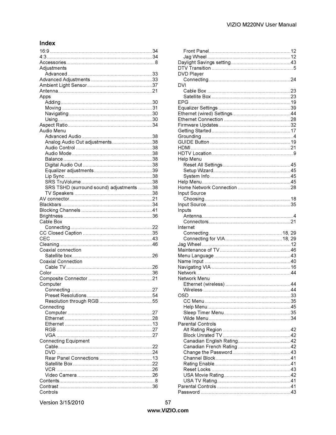 Vizio M220NV manual Index, Epg 