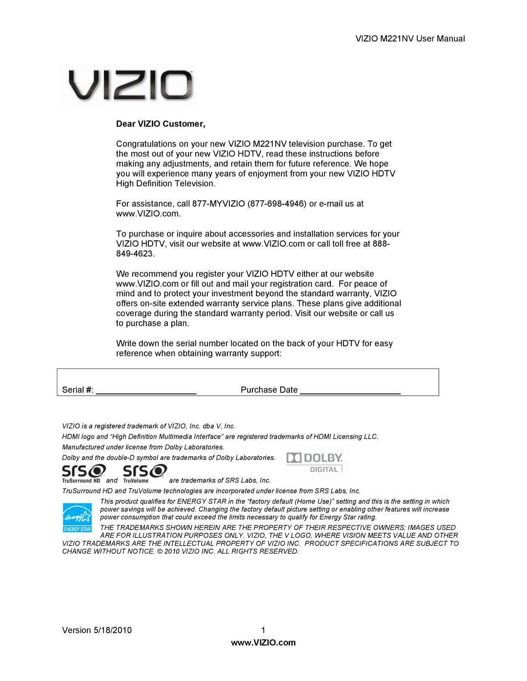 Vizio M221NV user manual Dear Vizio Customer 