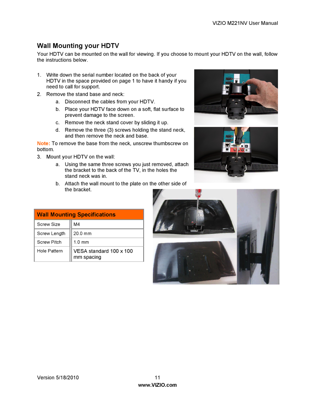 Vizio M221NV user manual Wall Mounting your Hdtv, Wall Mounting Specifications 
