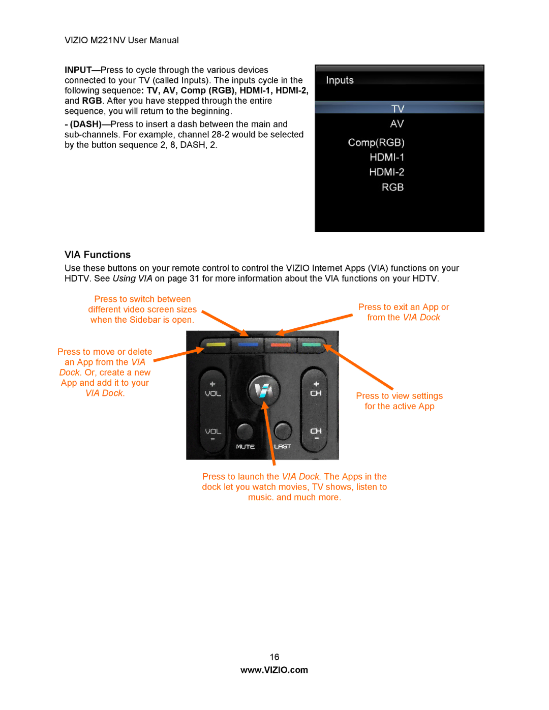 Vizio M221NV user manual VIA Functions 