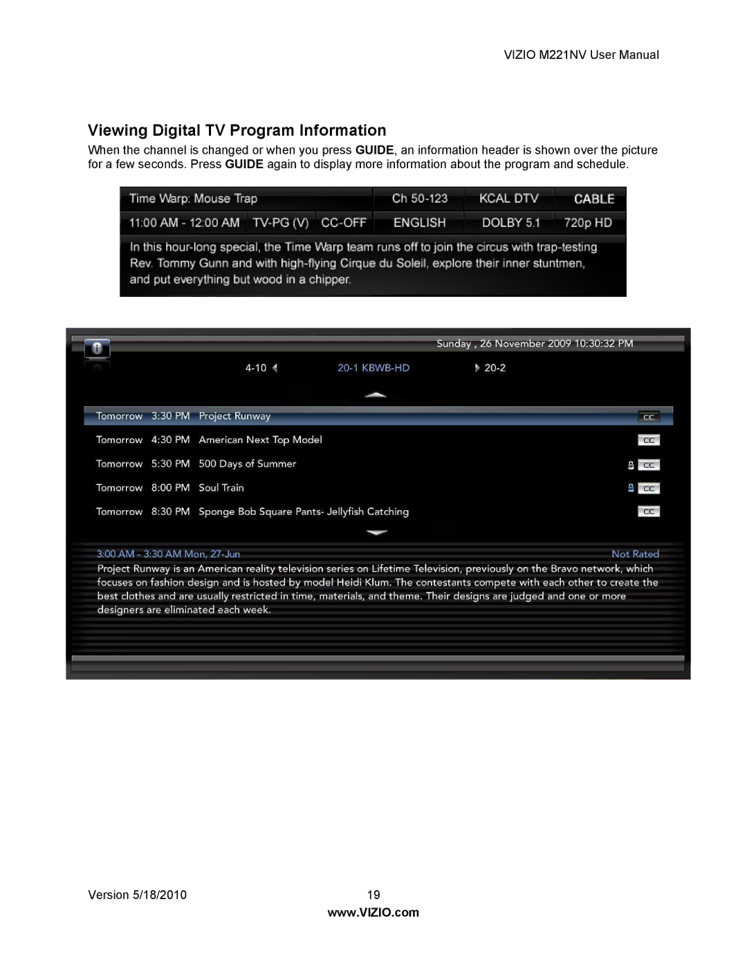 Vizio M221NV user manual Viewing Digital TV Program Information 