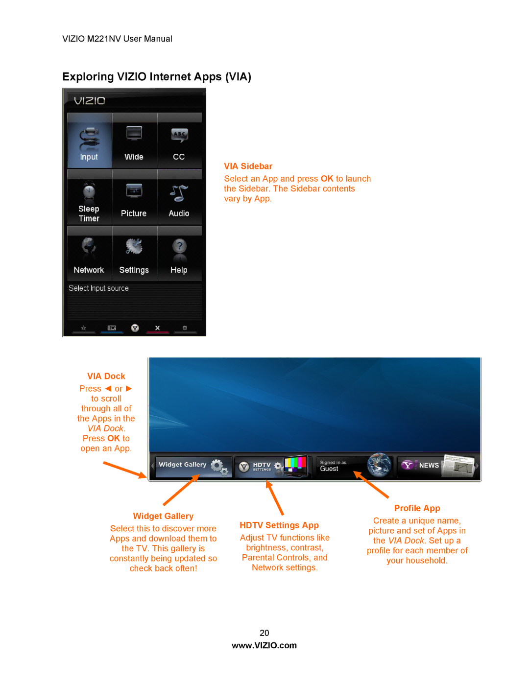 Vizio M221NV user manual Exploring Vizio Internet Apps VIA, Hdtv Settings App 