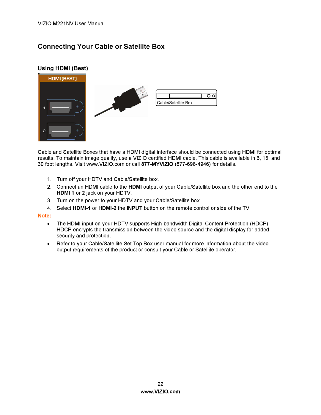 Vizio M221NV user manual Connecting Your Cable or Satellite Box, Using Hdmi Best 