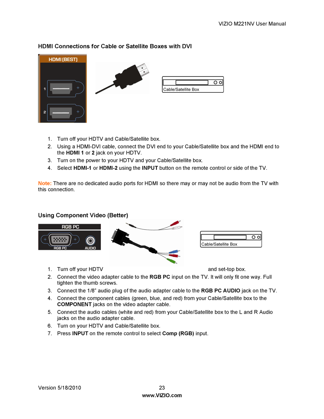 Vizio M221NV user manual Hdmi Connections for Cable or Satellite Boxes with DVI, Using Component Video Better 