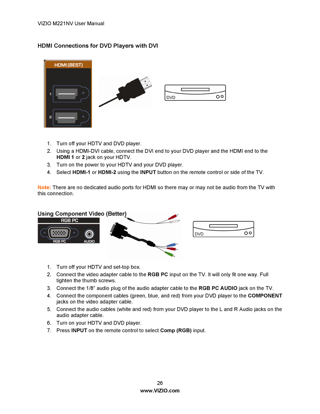 Vizio M221NV user manual Hdmi Connections for DVD Players with DVI, Using Component Video Better 