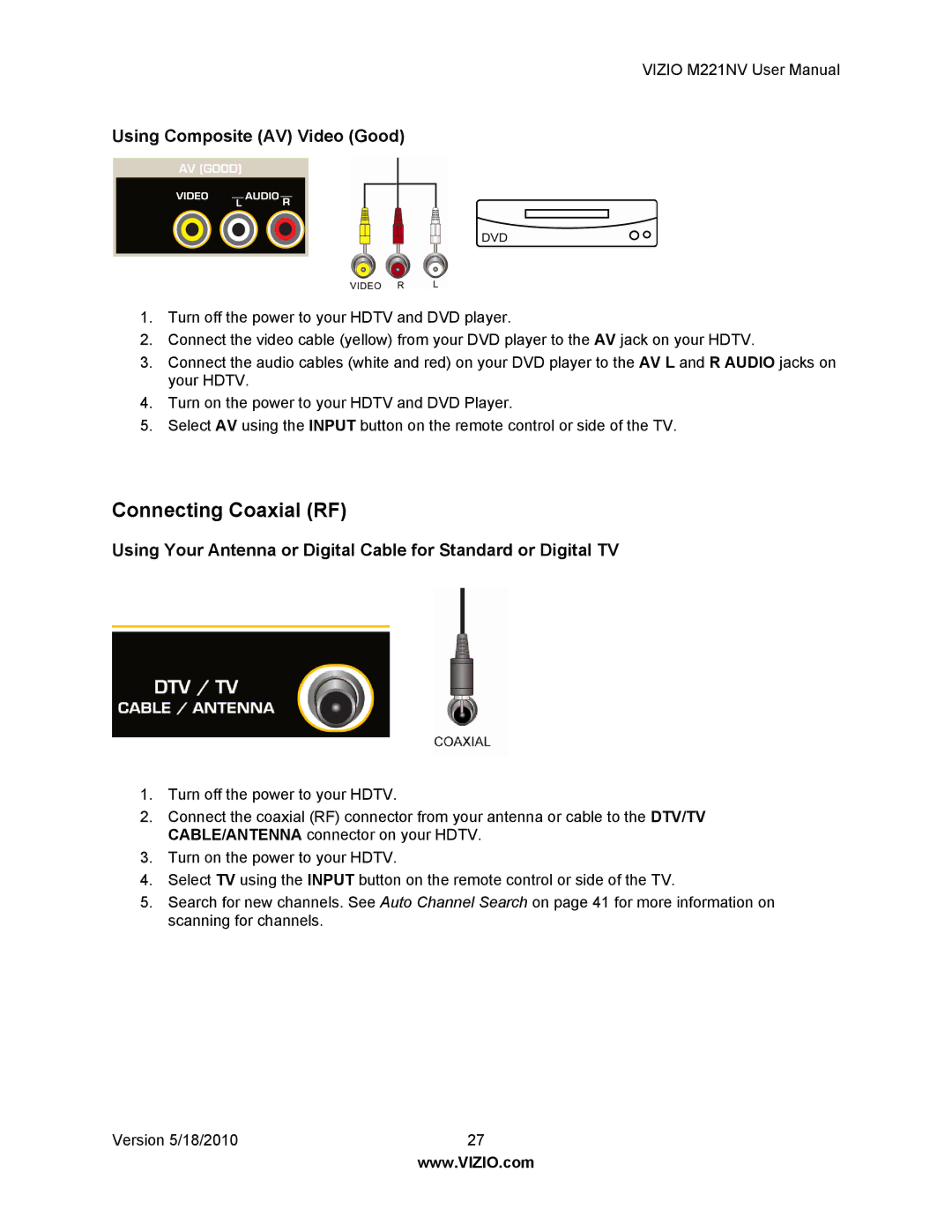 Vizio M221NV user manual Connecting Coaxial RF, Using Composite AV Video Good 