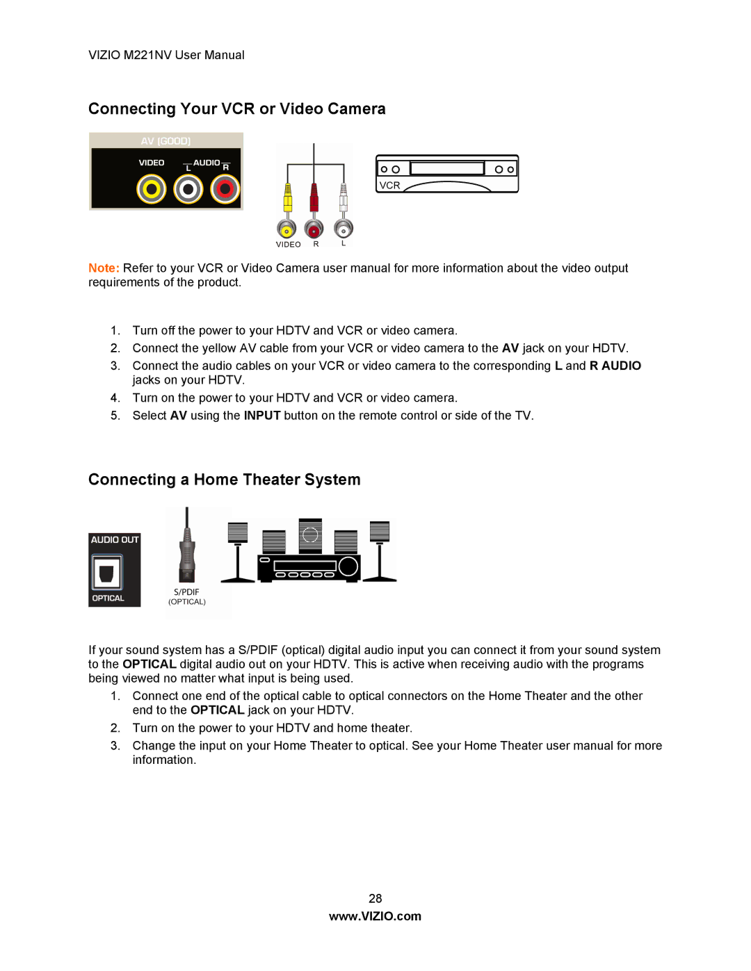 Vizio M221NV user manual Connecting Your VCR or Video Camera, Connecting a Home Theater System 