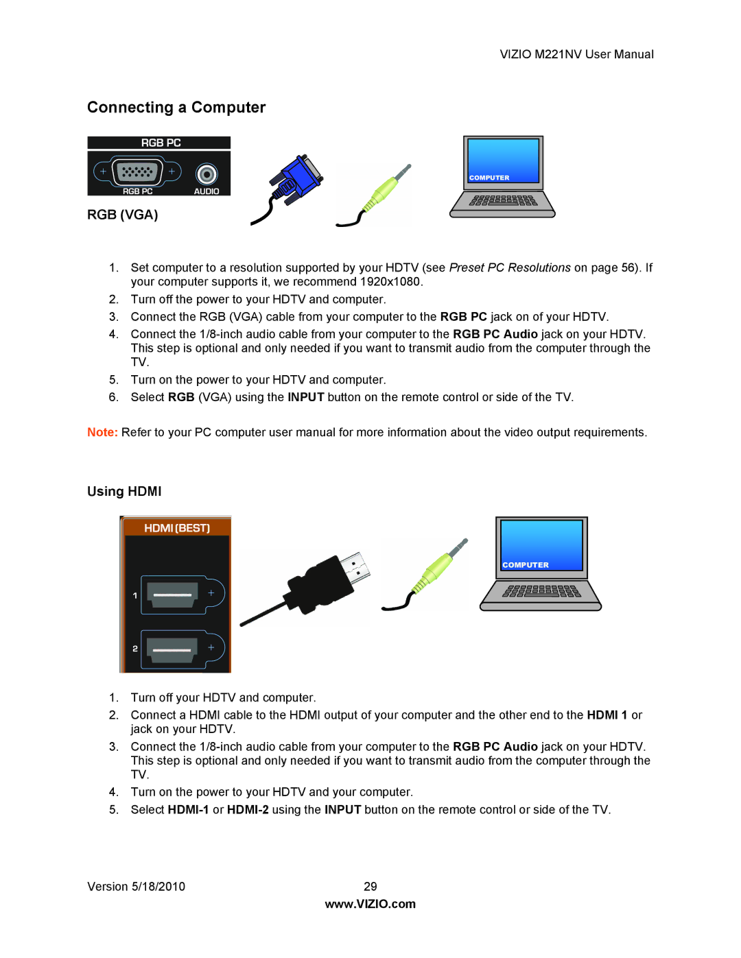 Vizio M221NV user manual Connecting a Computer, Using Hdmi 