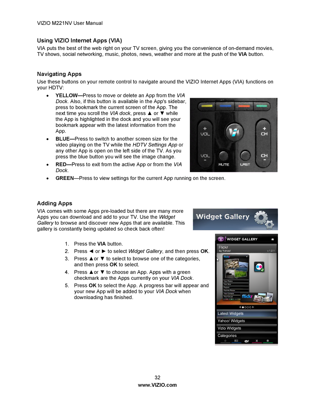 Vizio M221NV user manual Using Vizio Internet Apps VIA, Navigating Apps, Adding Apps 