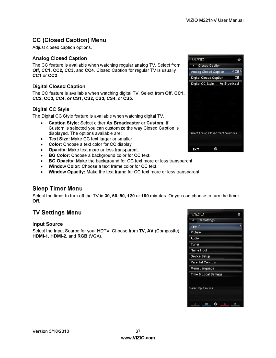 Vizio M221NV user manual CC Closed Caption Menu, Sleep Timer Menu, TV Settings Menu 