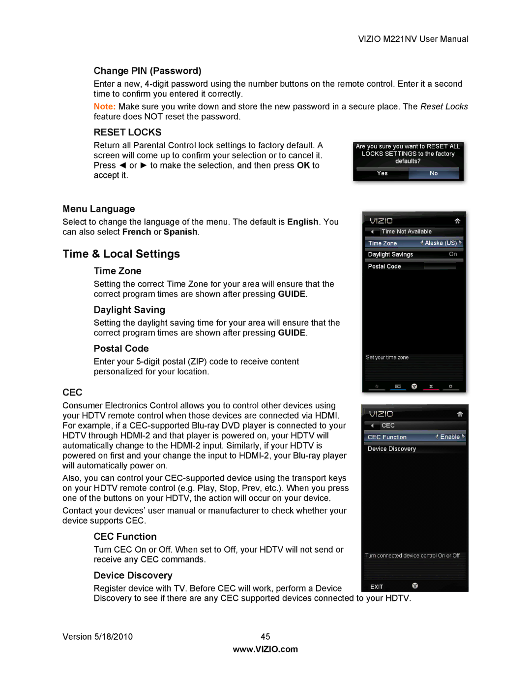 Vizio M221NV user manual Time & Local Settings 