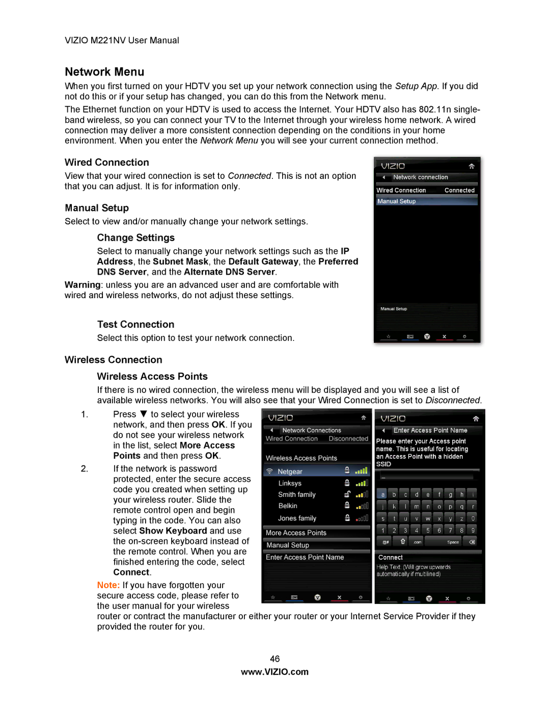 Vizio M221NV user manual Network Menu 