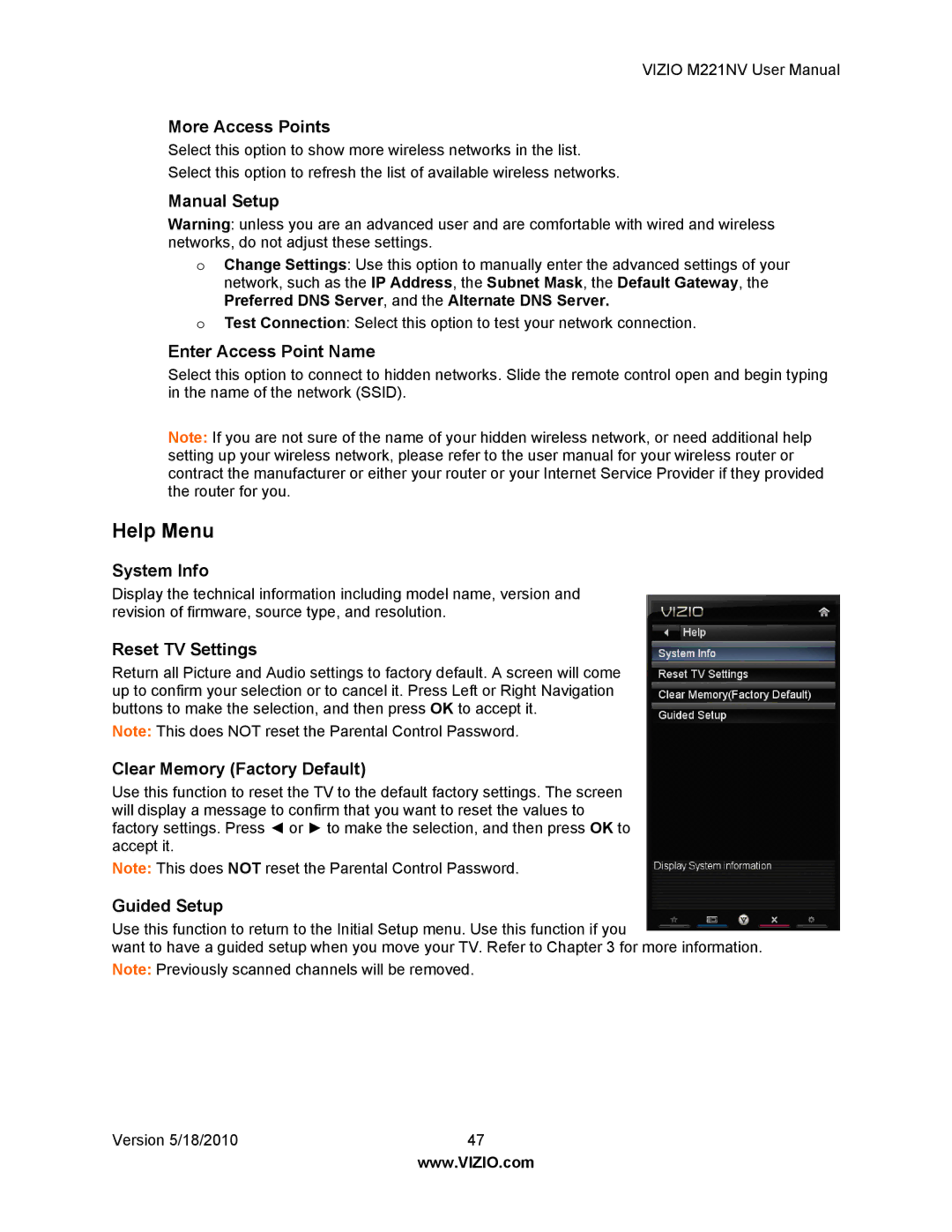 Vizio M221NV user manual Help Menu 