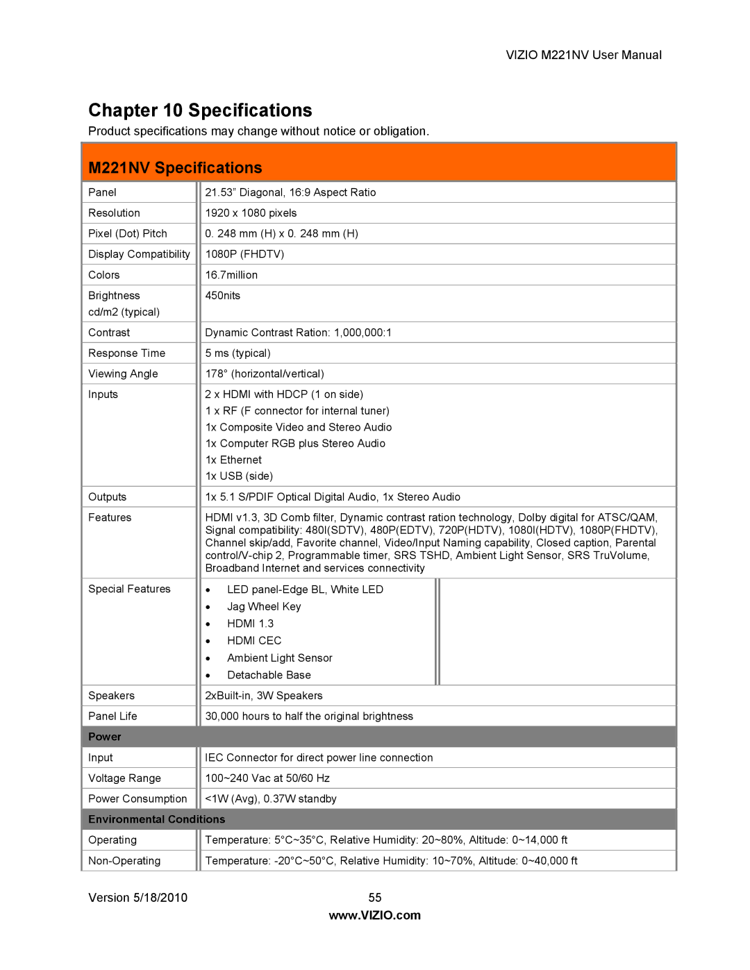 Vizio user manual M221NV Specifications 