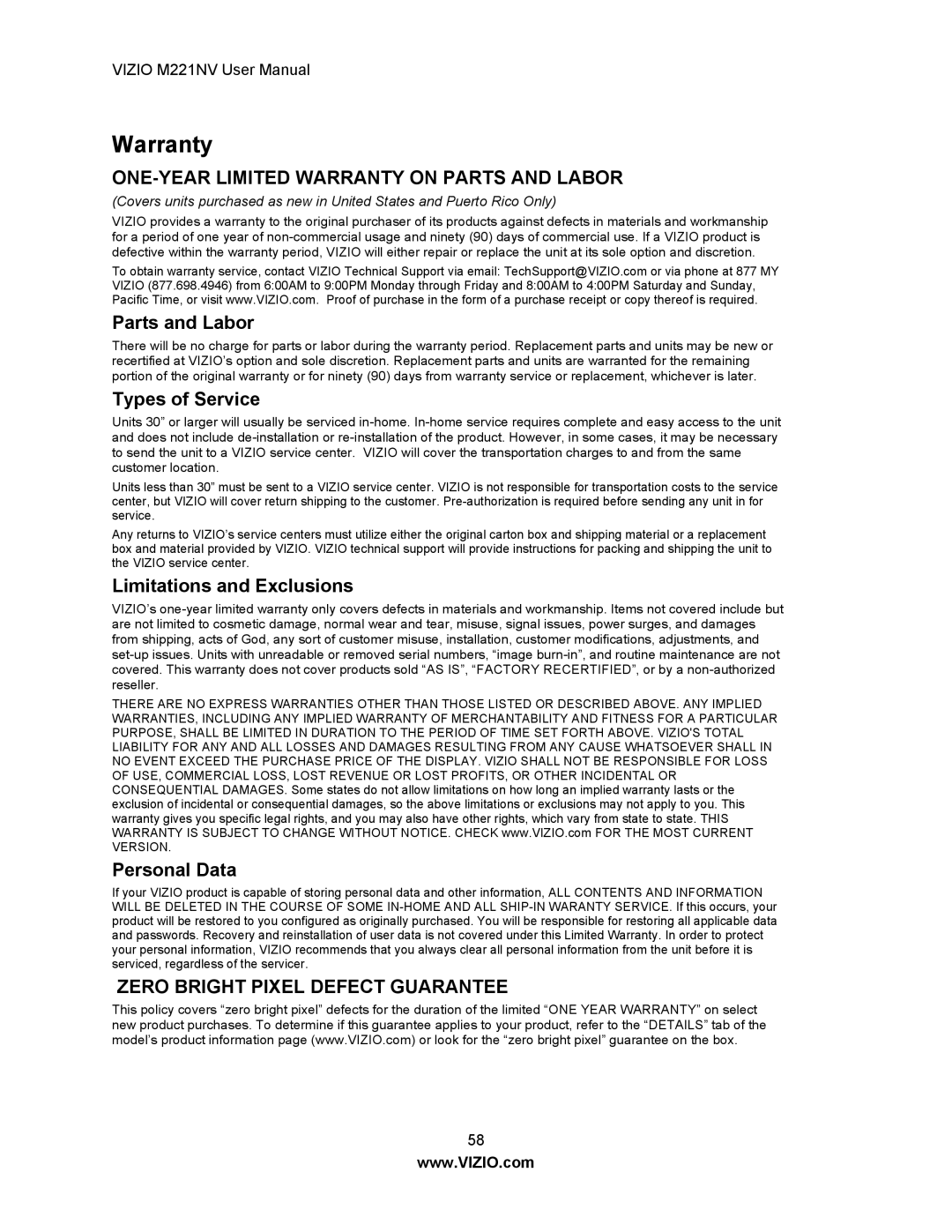 Vizio M221NV user manual ONE-YEAR Limited Warranty on Parts and Labor 