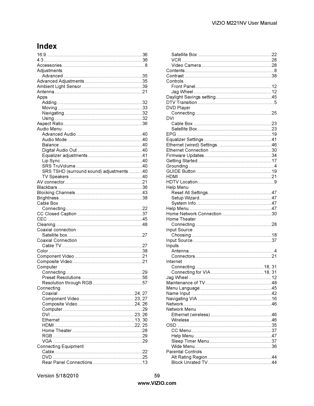 Vizio M221NV user manual Index, Vcr 