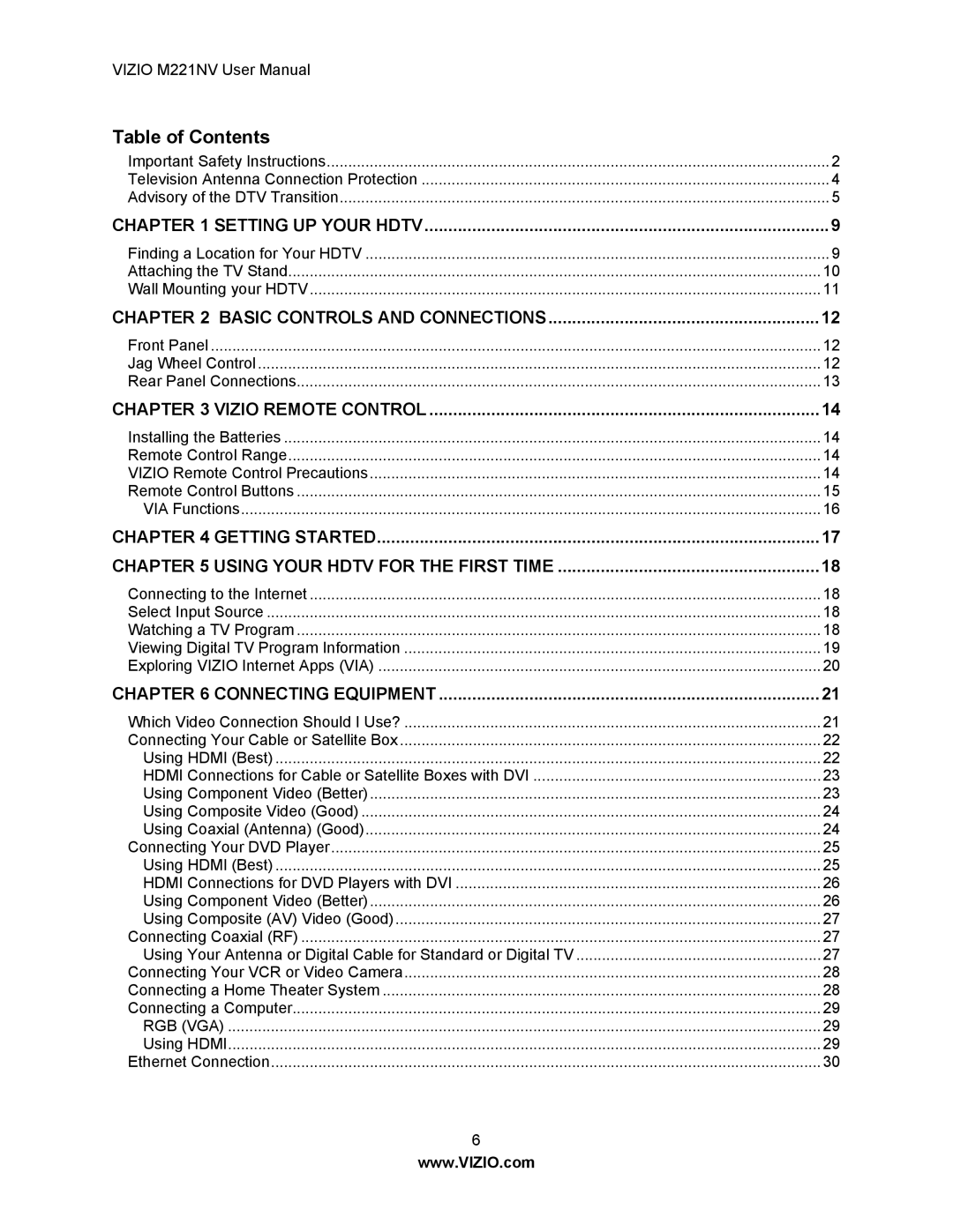 Vizio M221NV user manual Table of Contents 