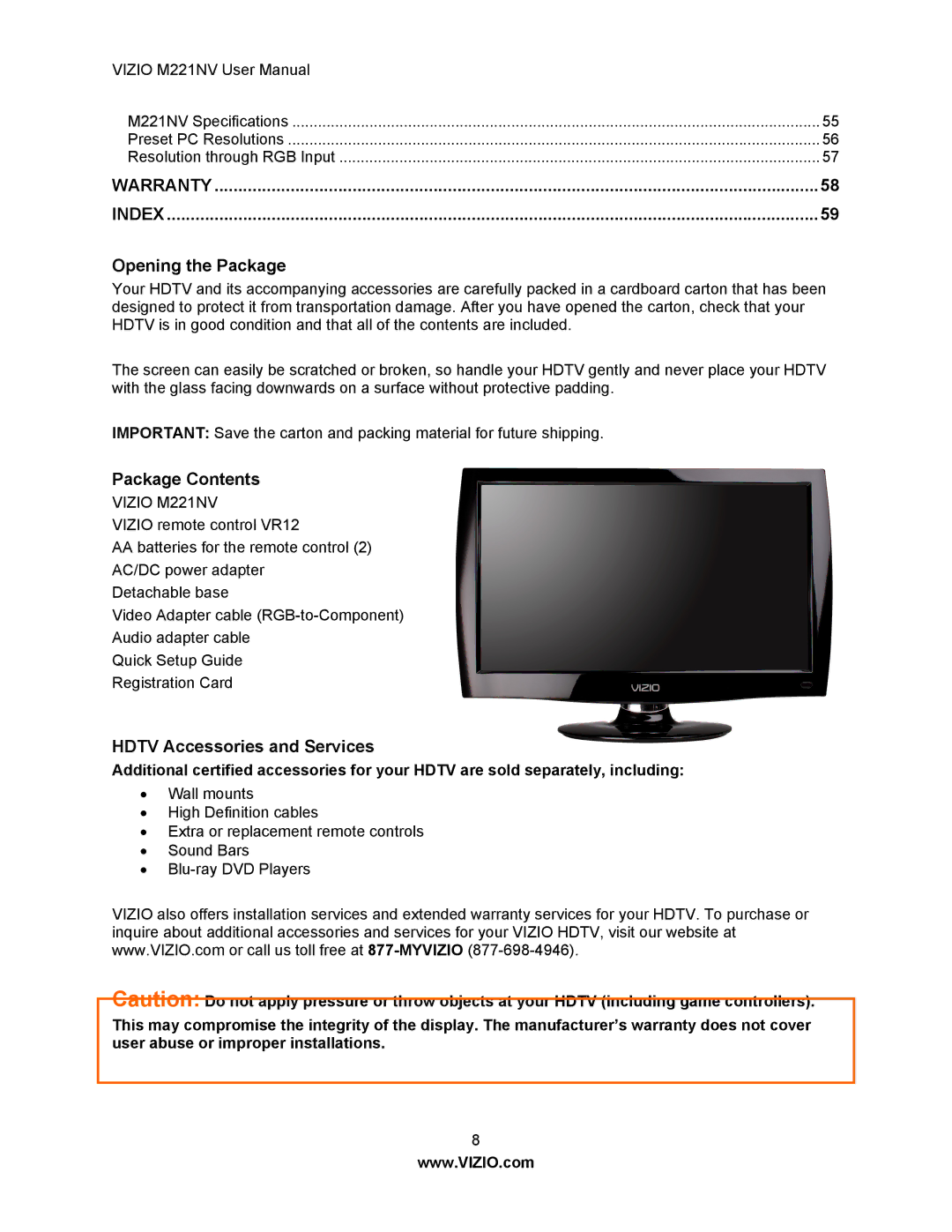 Vizio M221NV user manual Opening the Package, Package Contents, Hdtv Accessories and Services 