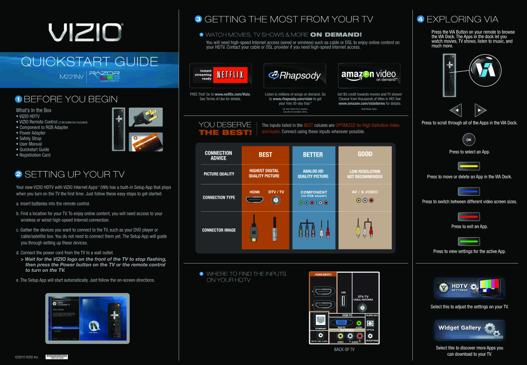Vizio M221NV user manual Before YOU Begin, Setting UP Your TV, Getting the Most from Your TV, Exploring VIA 