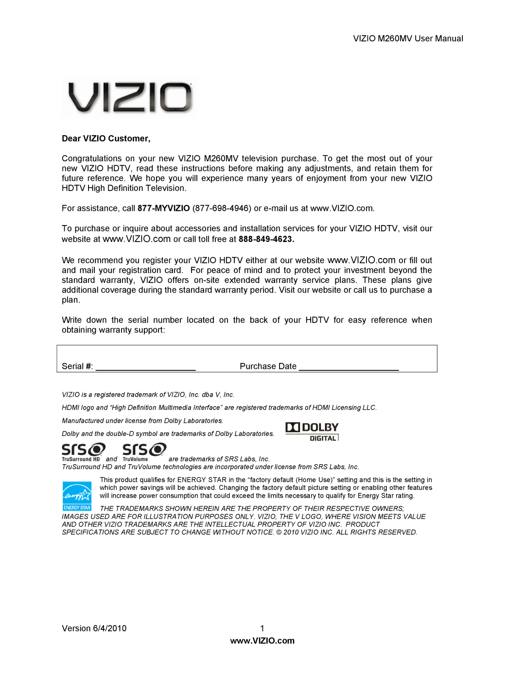 Vizio M260MV user manual Dear Vizio Customer 