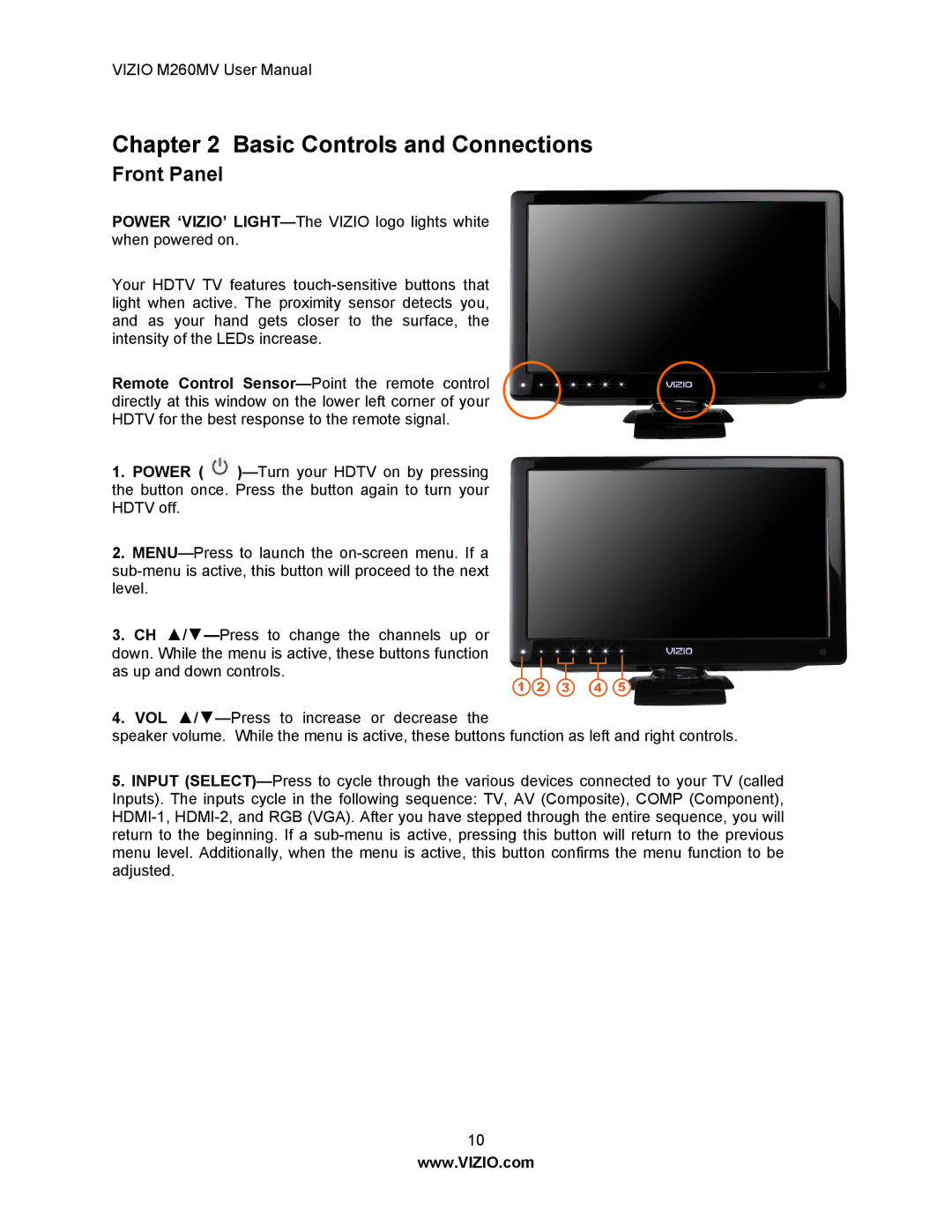 Vizio M260MV user manual Basic Controls and Connections, Front Panel 