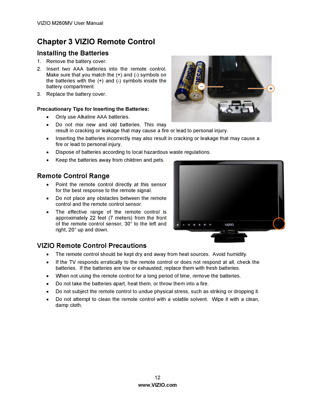 Vizio M260MV user manual Installing the Batteries, Remote Control Range, Vizio Remote Control Precautions 