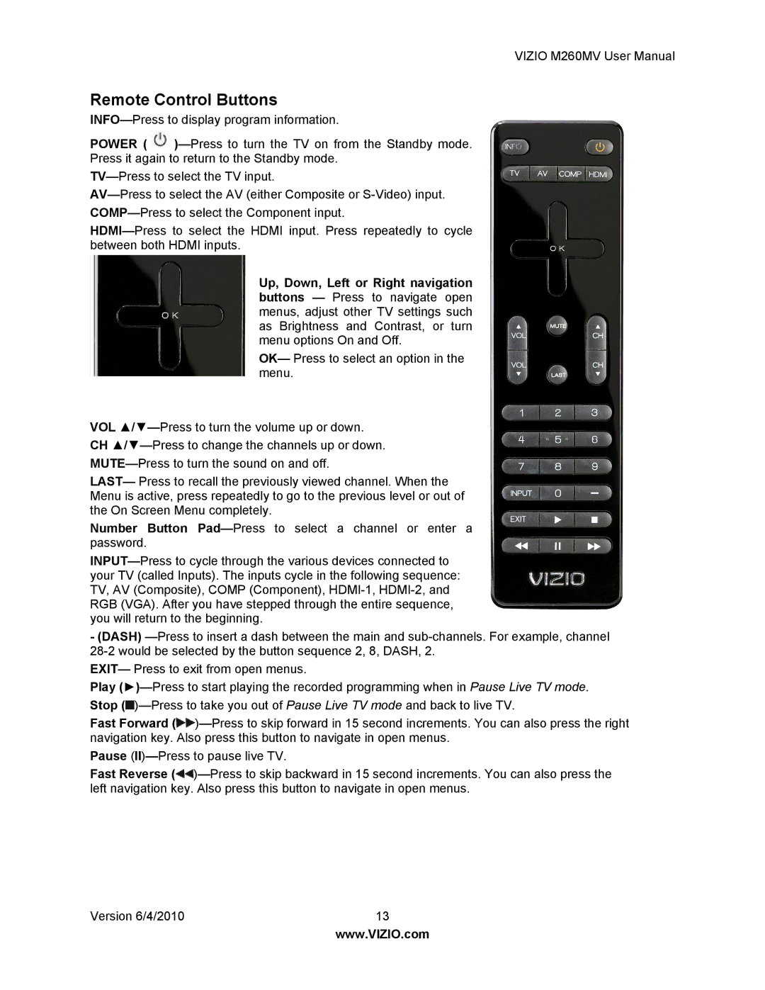 Vizio M260MV user manual Remote Control Buttons 