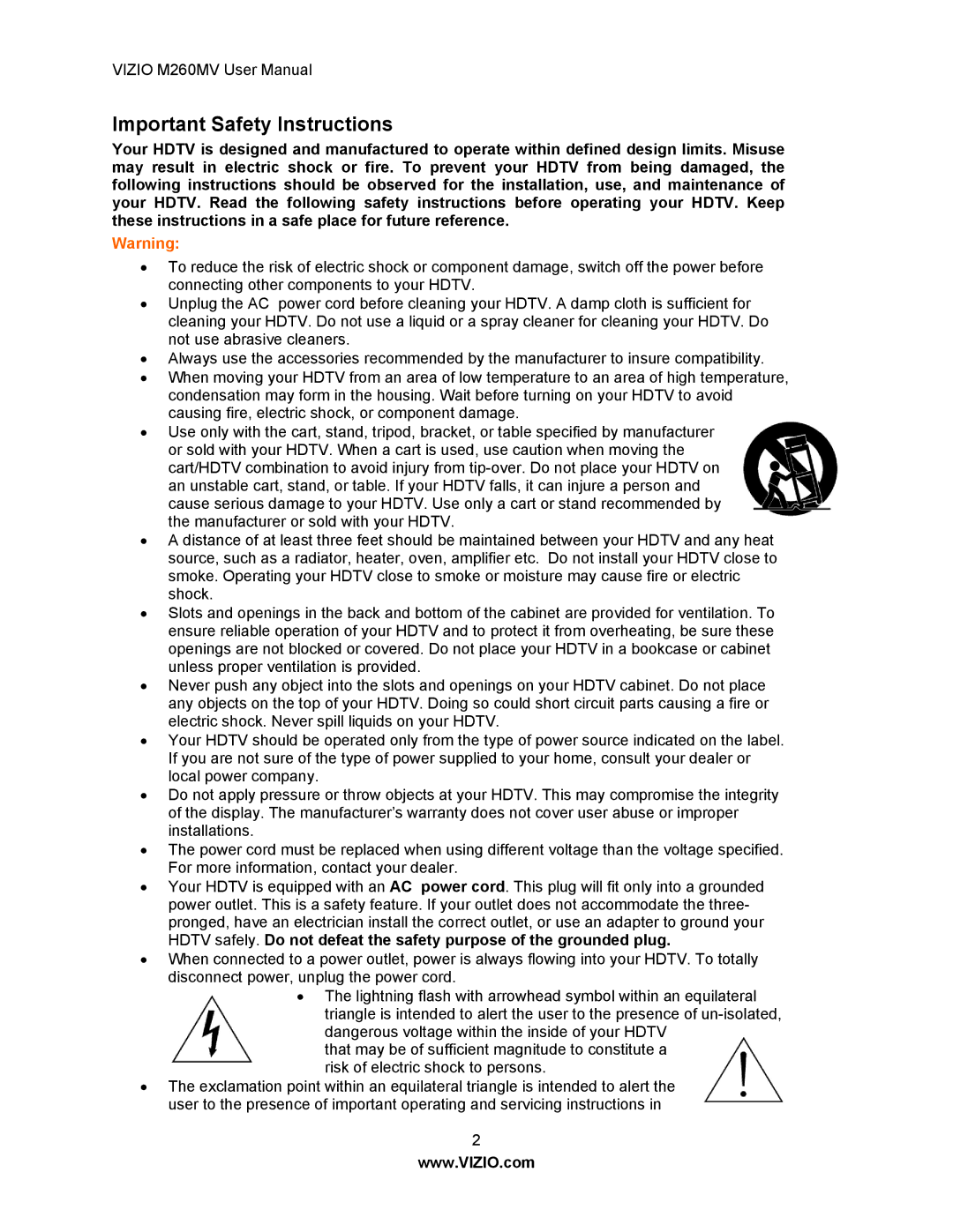 Vizio M260MV user manual Important Safety Instructions 