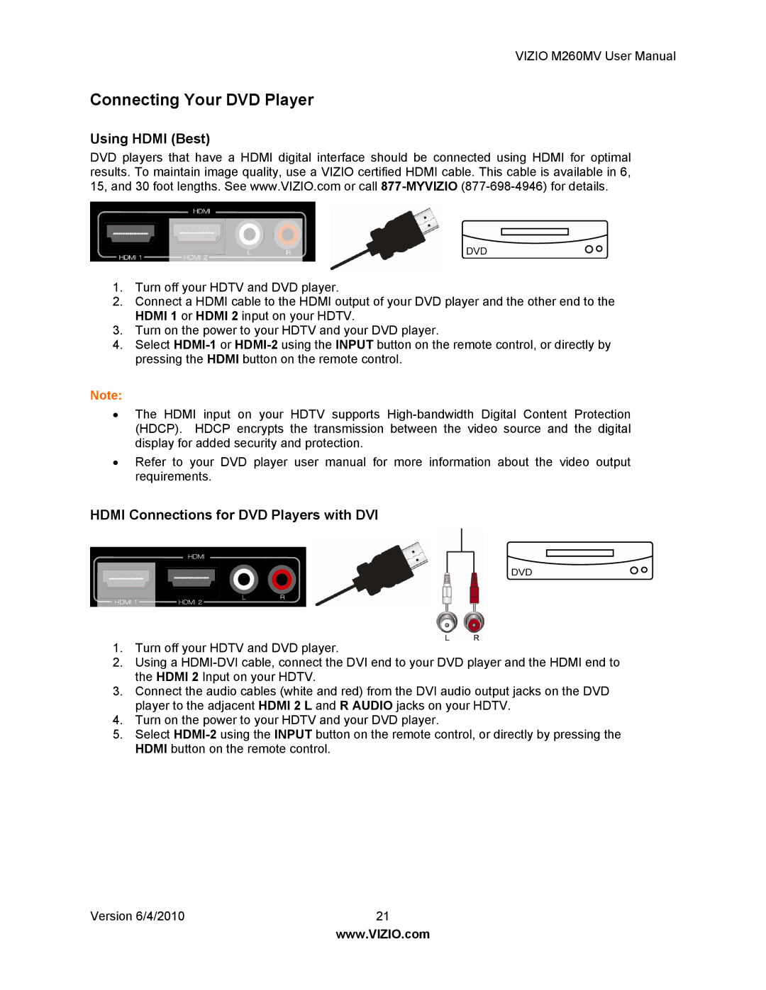 Vizio M260MV user manual Connecting Your DVD Player, Hdmi Connections for DVD Players with DVI 