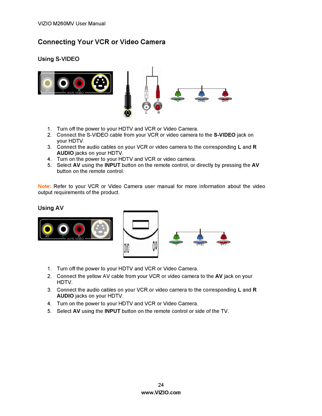 Vizio M260MV user manual Connecting Your VCR or Video Camera, Using S-VIDEO, Using AV 