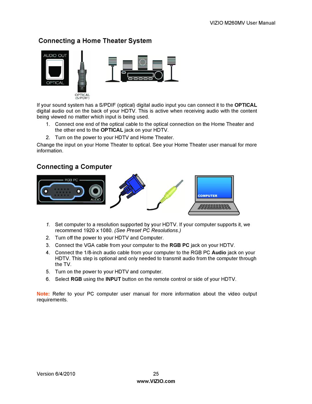 Vizio M260MV user manual Connecting a Home Theater System, Connecting a Computer 