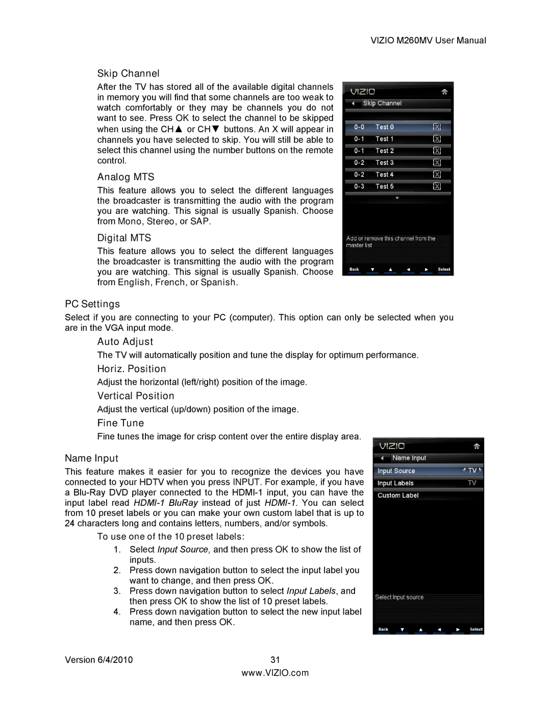 Vizio M260MV Skip Channel, Analog MTS, Digital MTS, PC Settings, Auto Adjust, Horiz. Position, Vertical Position 