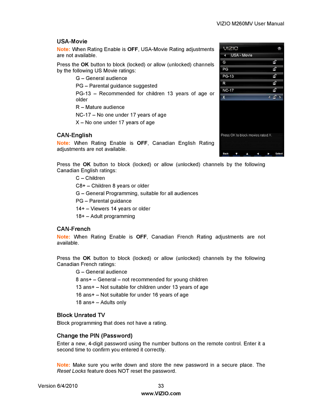 Vizio M260MV user manual USA-Movie, CAN-English, CAN-French, Block Unrated TV, Change the PIN Password 