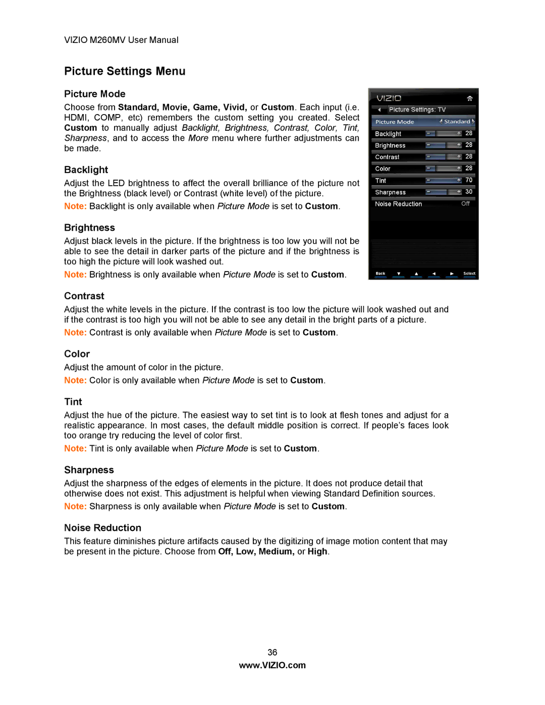 Vizio M260MV user manual Picture Settings Menu 