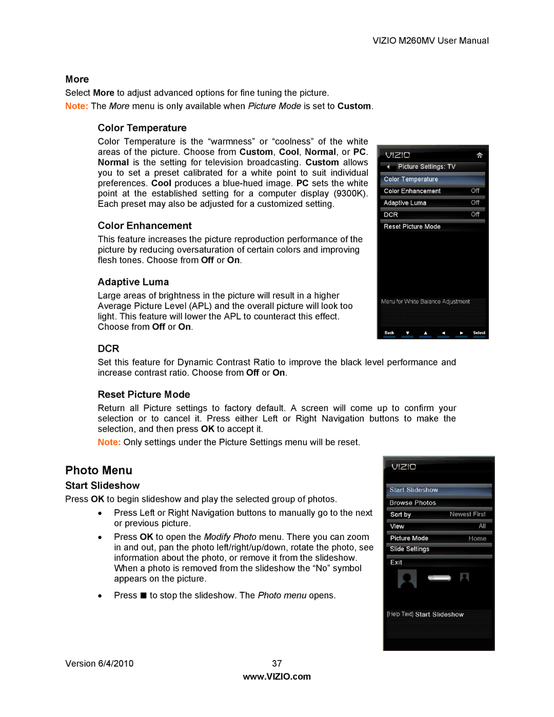 Vizio M260MV user manual Photo Menu 