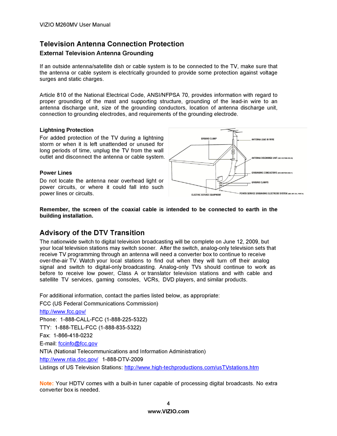 Vizio M260MV Television Antenna Connection Protection, Advisory of the DTV Transition, Lightning Protection, Power Lines 