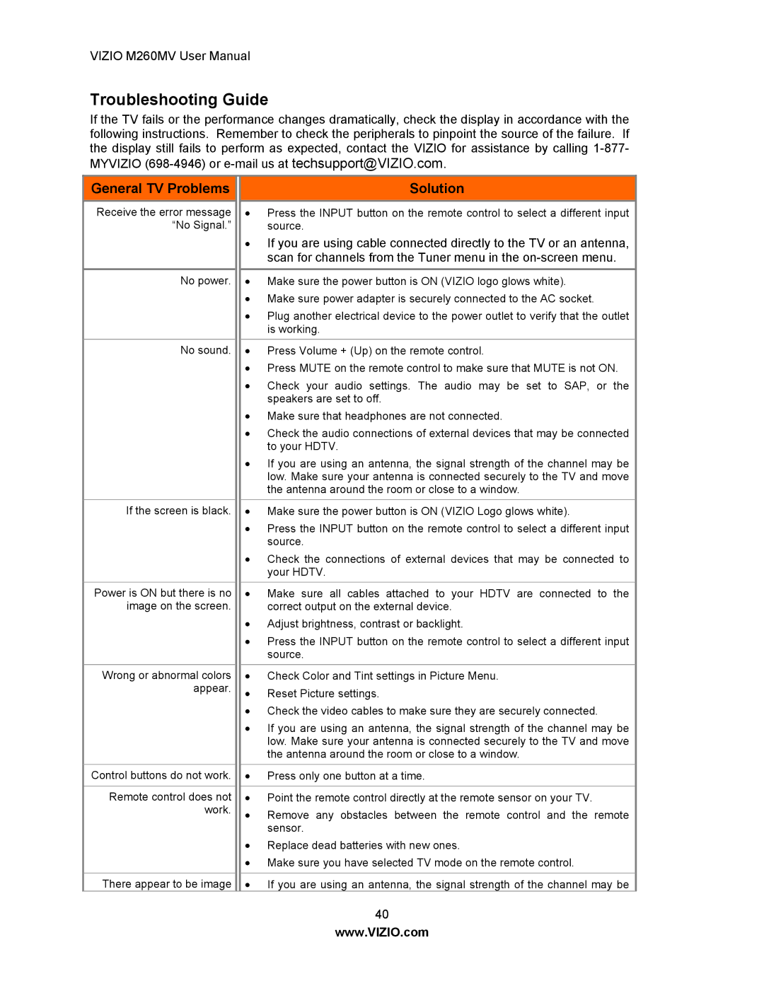 Vizio M260MV user manual Troubleshooting Guide, General TV Problems, Solution 