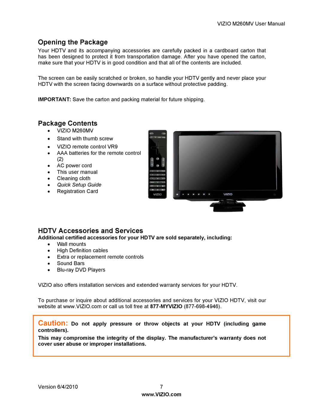 Vizio M260MV user manual Opening the Package, Package Contents, Hdtv Accessories and Services 